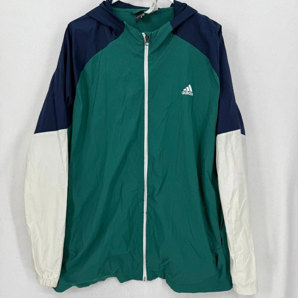 Adidas Mens 2XL‎ Colorblock Windbreaker Jacket Green Navy White Hooded Nylon